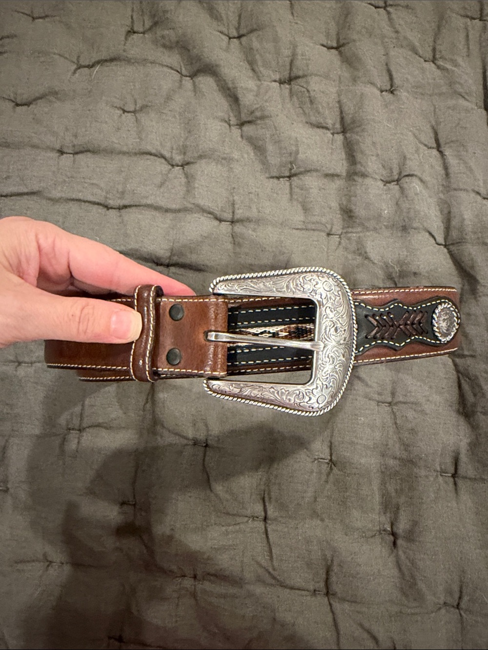 Nocona Genuine Leather Men's Western Belt with Silver Floral Buckle - Brown - Picture 2 of 5